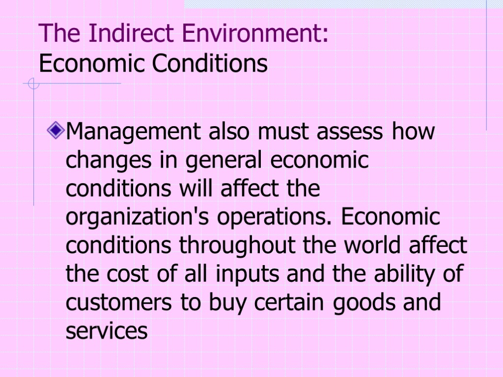 The Indirect Environment: Economic Conditions Management also must assess how changes in general economic